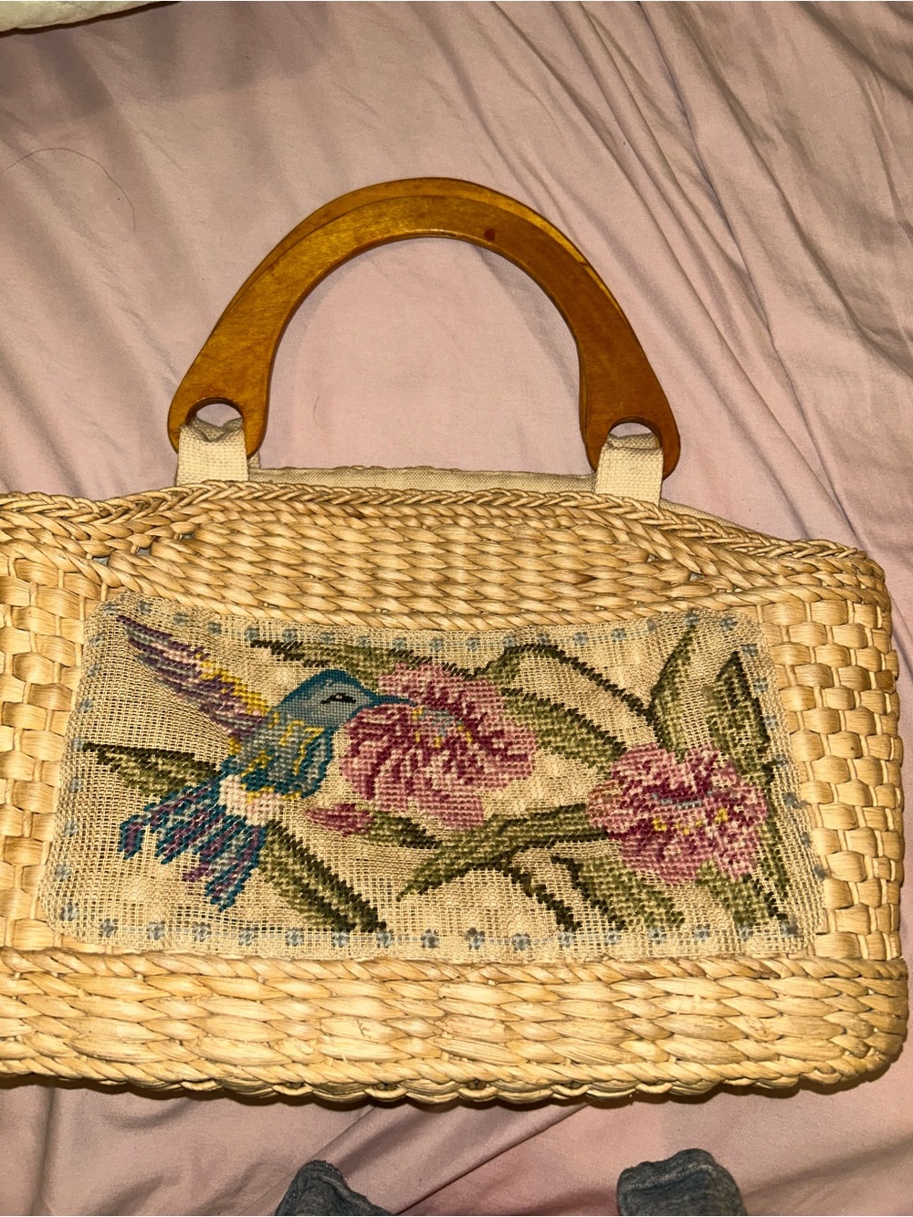 Vintage Straw Hummingbird Bag with wooden handles